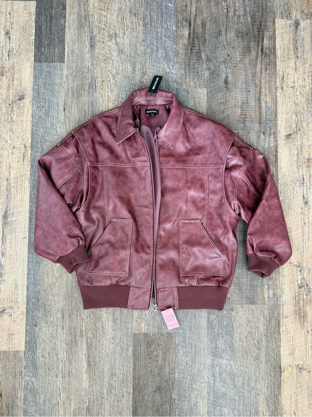 PrettyLittleThing Maroon Faux Leather Jacket Baggy Oversized Blogger Favorite